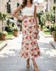 Women Bohemian Style A-Line High Waist Skirt Floral Print Satin Midi Skirt Lightweight Flowing Silhouette Summer Casual Skirt