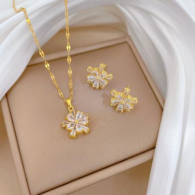 Double-Layer Flower Necklace Earrings Set Light Luxury Micro-Inlaid Personalized Temperament Banquet Earrings Necklace Combination