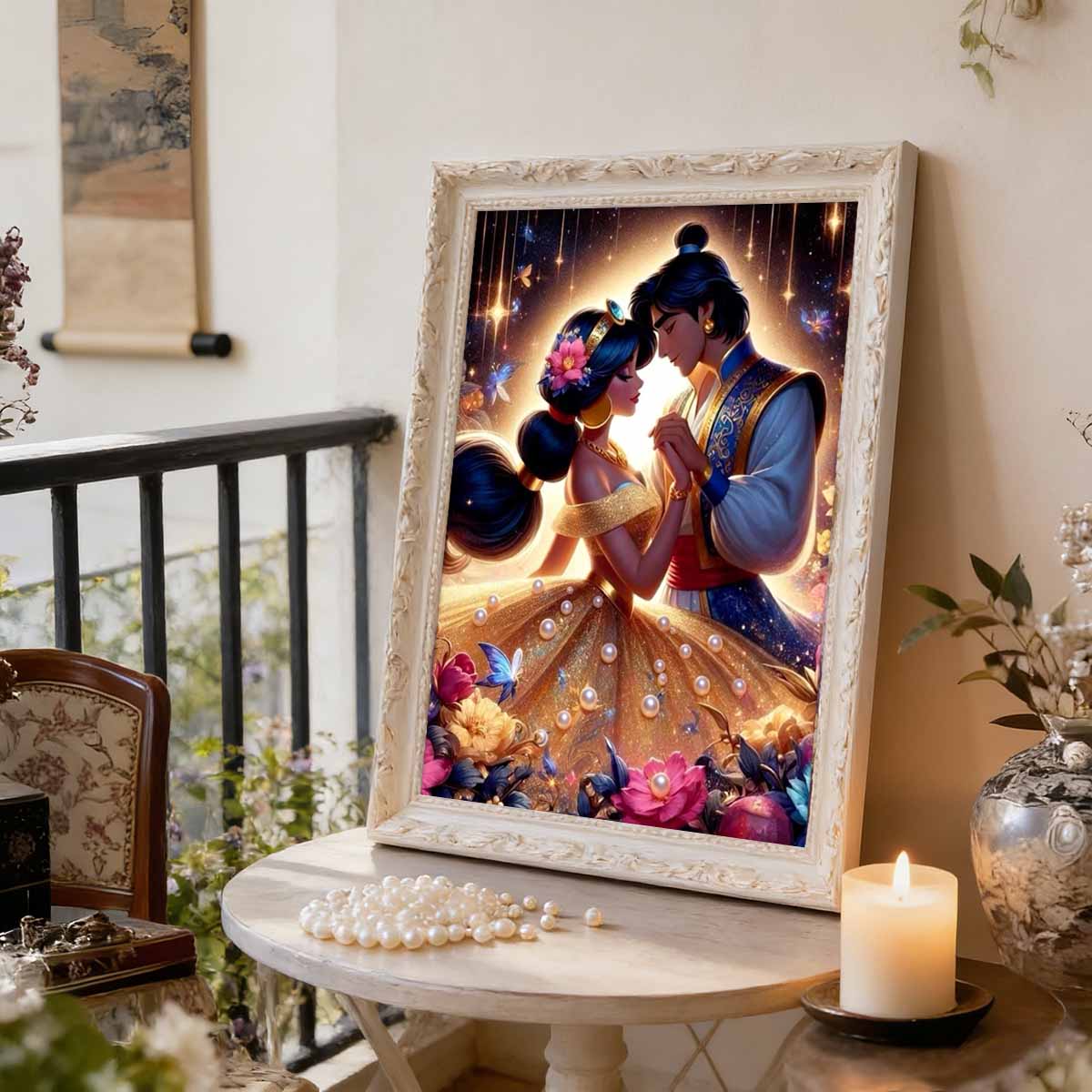 Disney Aladdin Jasmine Princess And Aladdin Artificial Pearl Decorative Set Artificial Pearl Jigsaw Puzzle Embroidered Home Decorative Handmade Gift
