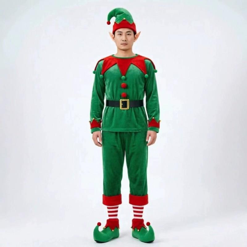 Unisex Velvet Elf Costume Set Christmas Party Cosplay Holiday Performance Green