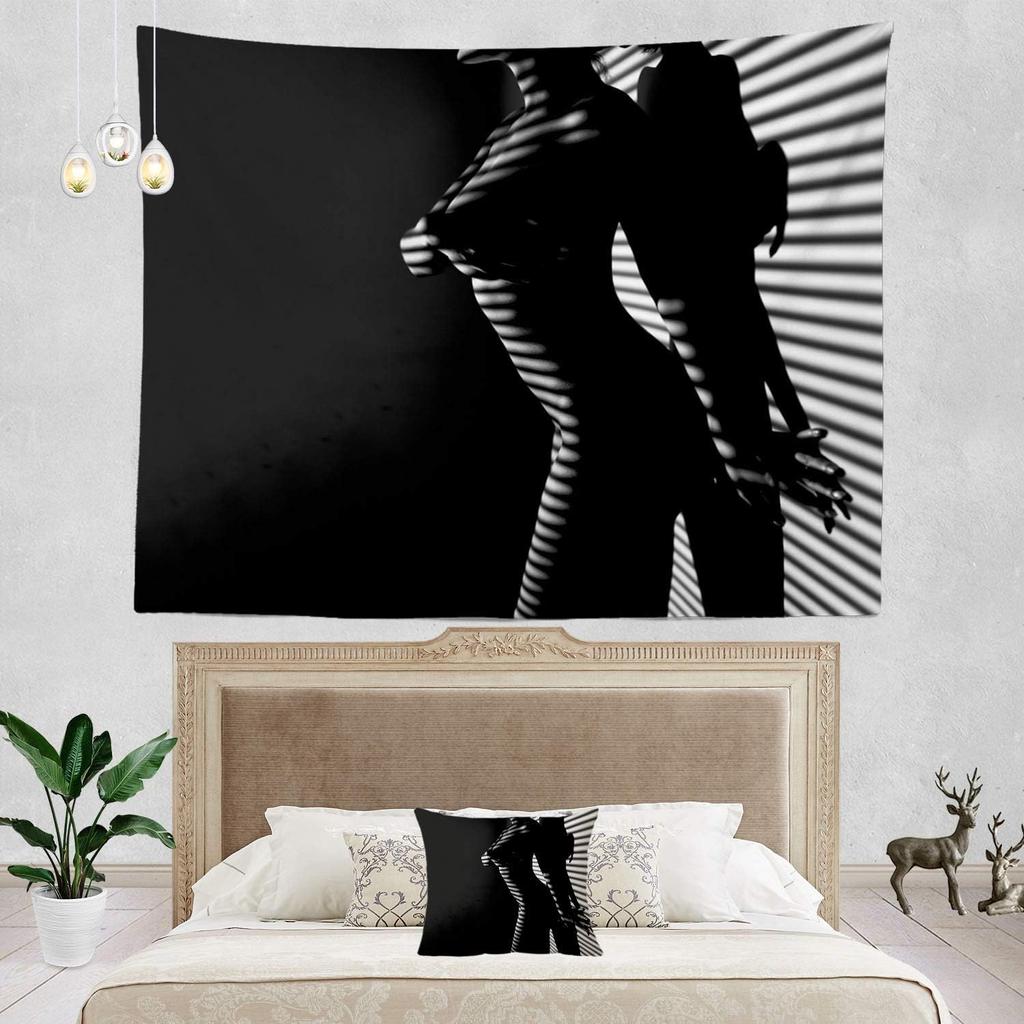 Woman Sexy Artistic Black and White Line Picnic Mat Hippie Trippy Tapestry Wall Art Meditation Decor for Bedroom Living Room