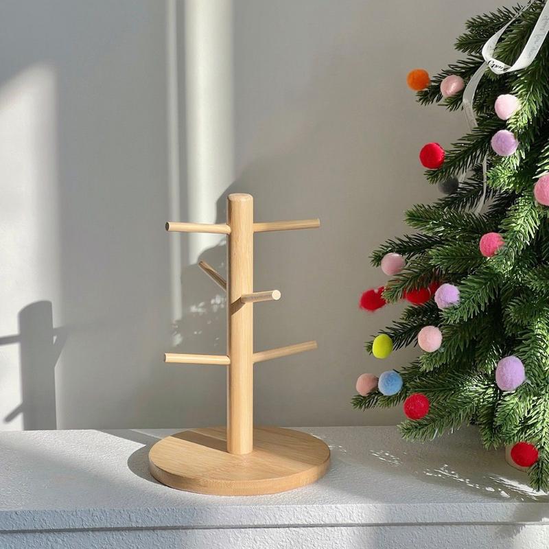 Wood Mug Holder 6 Hook Coffee Mug Tree Holder Mug Hanging Display Rack Drinkware Shelf Tea Cup Storage Holder Stand Kitchen