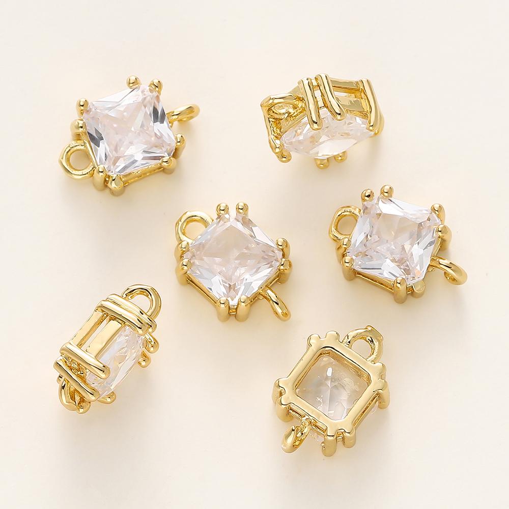 4/6Pcs 14/18K Gold Color Plated Zircon Single Hole Love Heart Double Hole Square Pendants For DIY Jewelry Making Findings