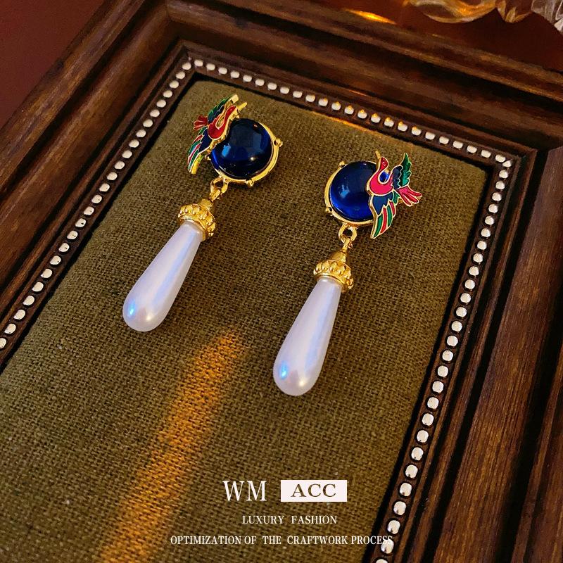 

Серьги с жемчугом, серебряные иглы, птицы, капающие маслом, круглые серьги, ретро, легкая роскошь, высококачественные серьги для женщин синий