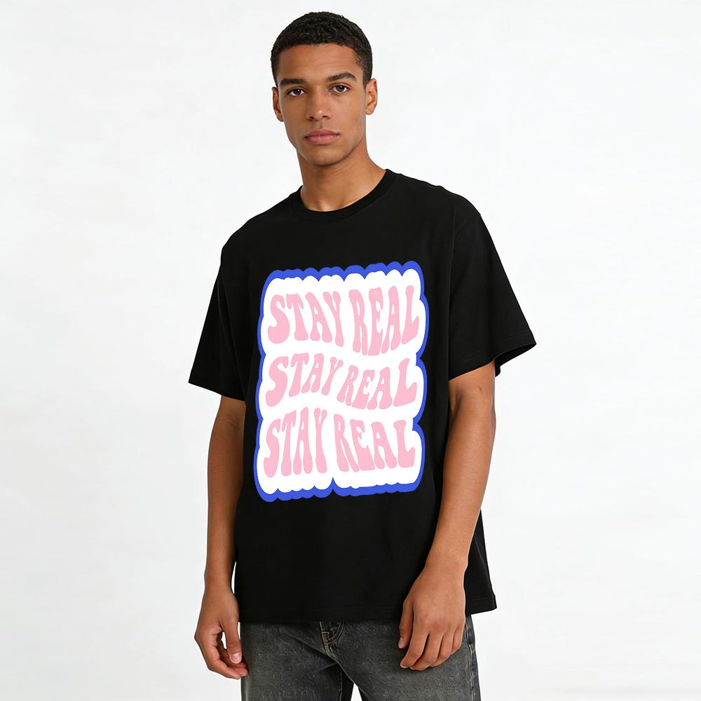 Retro American Style Stay Real Graphic Tee Unisex Loose Fit Cotton Crewneck Top Pure cotton T-shirt