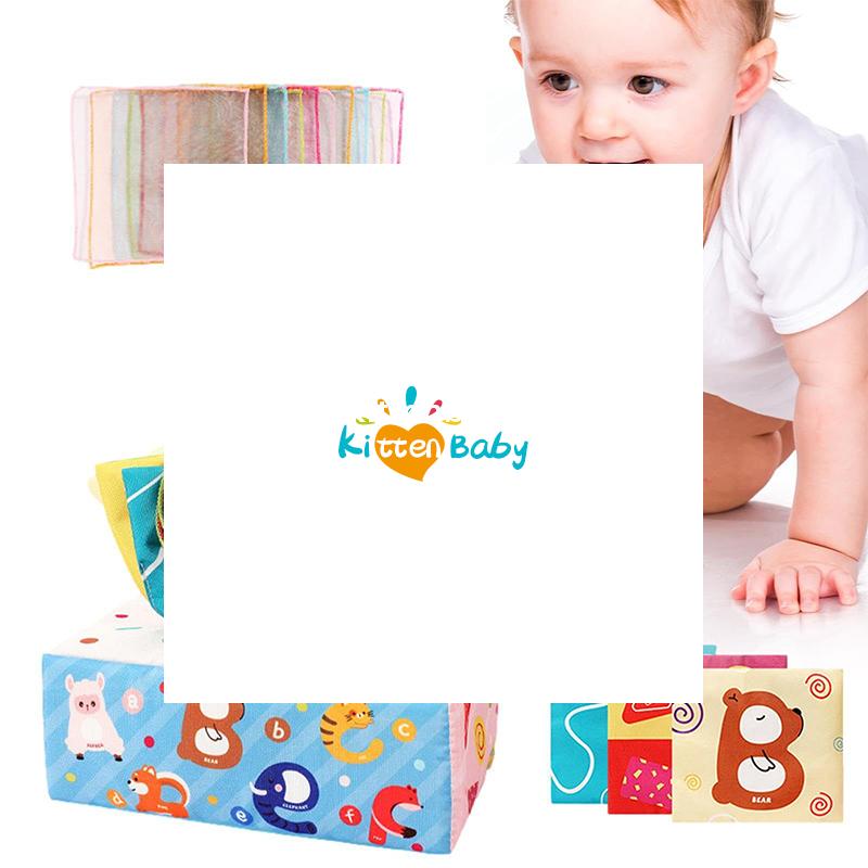 Eğlenceli Çizgi Film Kırılmaz Kumaş Kitap Halkası Kağıt Mendil Kutusu Oyuncak - Montessori Bebek Oyuncakları 6-12 Ay 1 Yaş Erkek Kız İçin