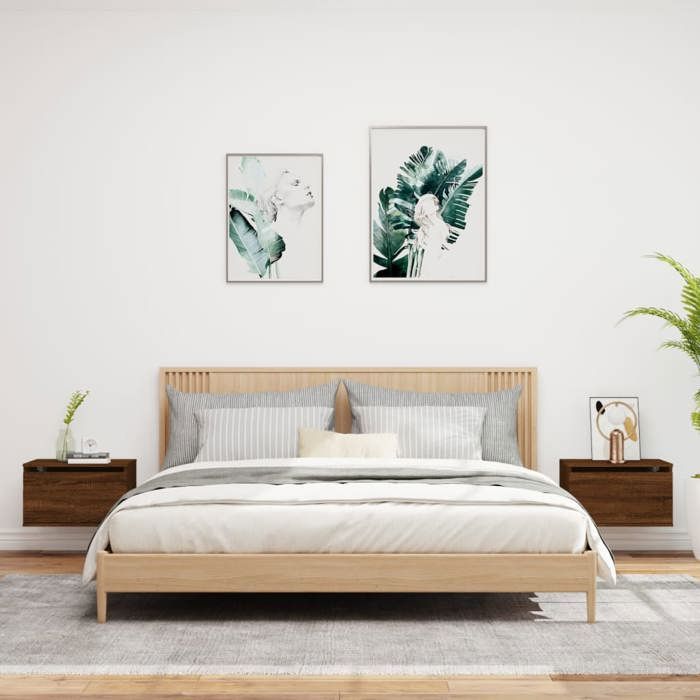 VidaXL Tables de Chevet Murales avec Lumières LED 2 pcs, Armoires de Nuit, Tables de Nuit Chambre, Moderne, Chêne Marron 836839