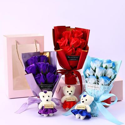 Qixi Valentine Gift Set: Soap Rose Bouquet with Teddy Bear