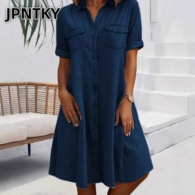 JPNTKY Damen Mode Sommer Frühling Einfarbiger Druck Kurzarm POLO-Hals Lässige Kleider