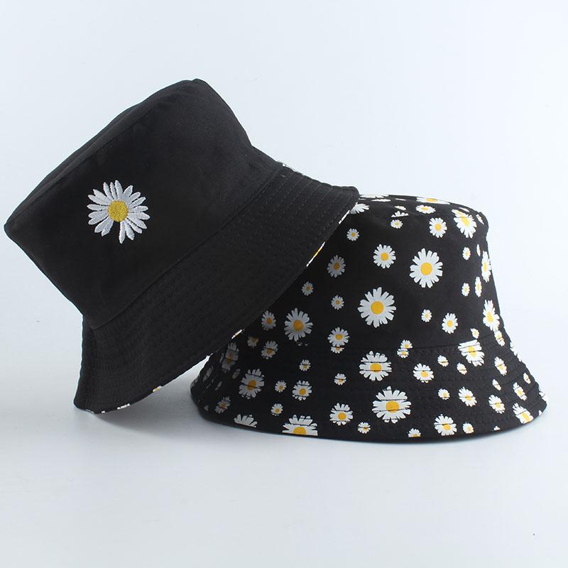 Sommer-Gänseblümchen Eimerhut Damen Mode Baumwolle Strand Sonnenhüte Wende Bob chapeau Femme Blumenhut Fischerhut