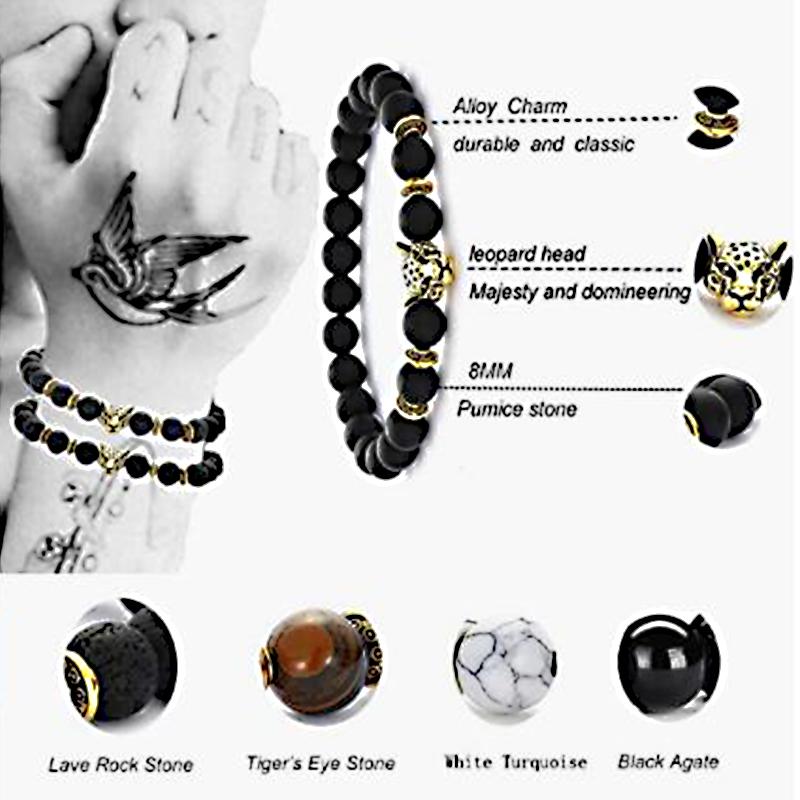 Leopard Head Beaded Bracelets for Men Women 8mm Rock Lava Stone Crown King Lion Charm Bracelet Set Natural Stone Elastic Jewelry