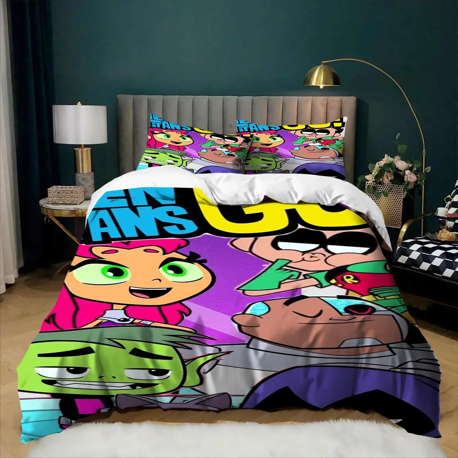 Housse de couette dessin animé 3D Teen Titans Go Ensemble de literie Décoration de chambre à coucher Ensemble 2/3 pièces Cadeau pour adolescent Enfants Fille Garçons Textile de maison 100x135cm (2pcs) white