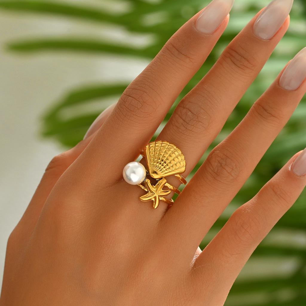 2025 new ocean style women's ring personalized inlaid pearl shell design open ring high-end jewelry