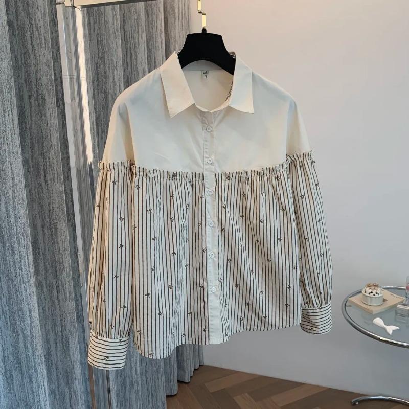 

Women s Striped Bow Print Blouse Loose Fit Ruffle Puff Sleeve Lapel Casual Shirt S білий