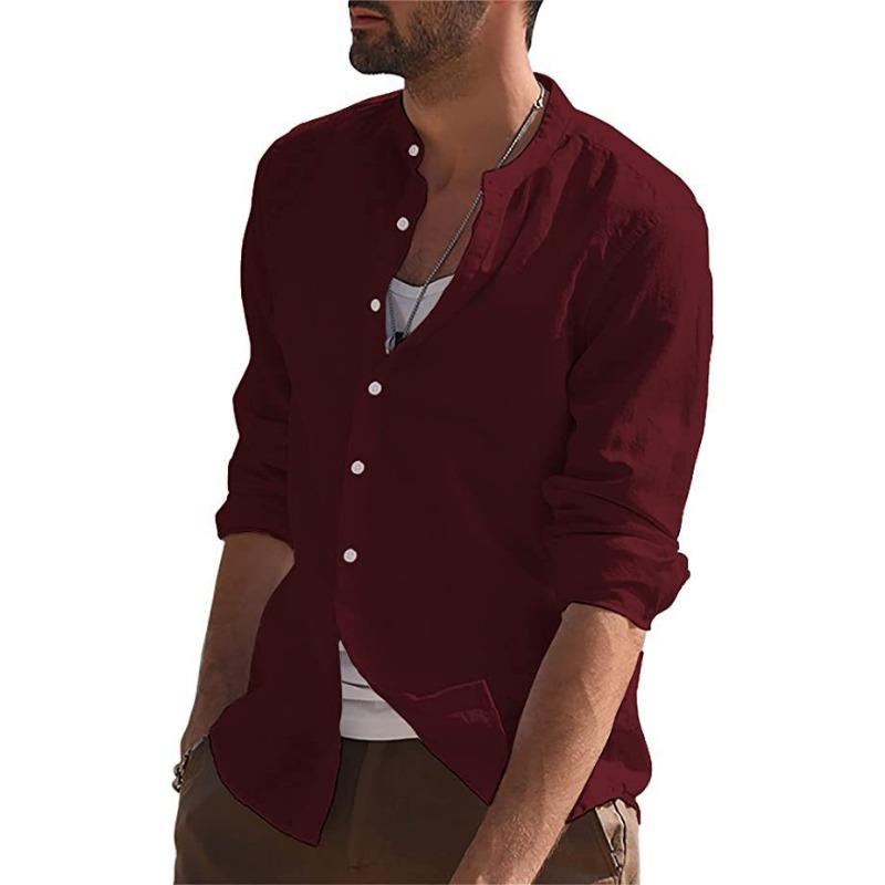 Mens Retro Casual Loose Long Sleeve Stand Collar Solid Shirt