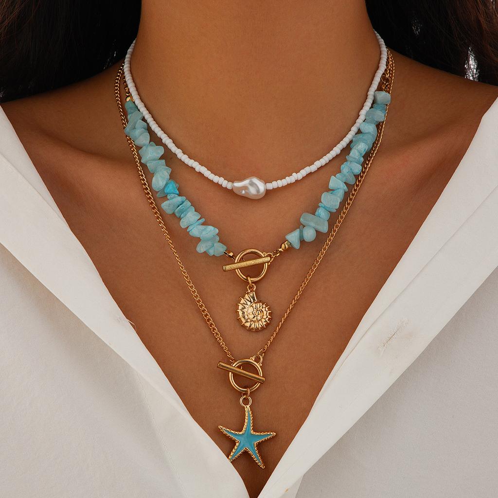Beach Vacation Starfish Baroque Gravel Necklace, Sweet Ocean Wind Conch Beaded Necklace Women