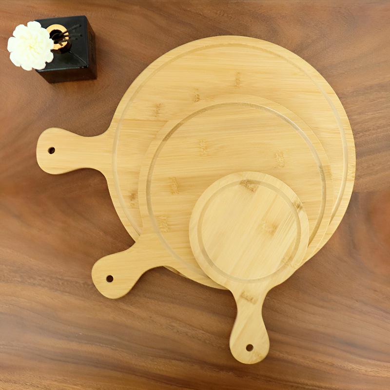 Japanese Style Bamboo & Wood Pizza Board - Round Tray with Handle (8", 9", 10")