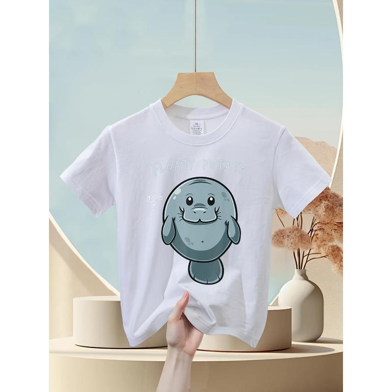 European sizes Funny Manatee Sea Animal Print Fashion Versatile Crew Neck T Shirt, Short Sleeve T Shirt 98cm