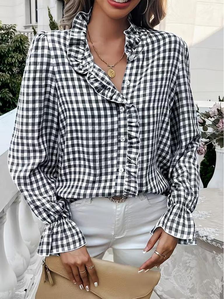 2026 Spring/Summer Women's Elegant Ruffle Plaid Long Sleeve Shirt