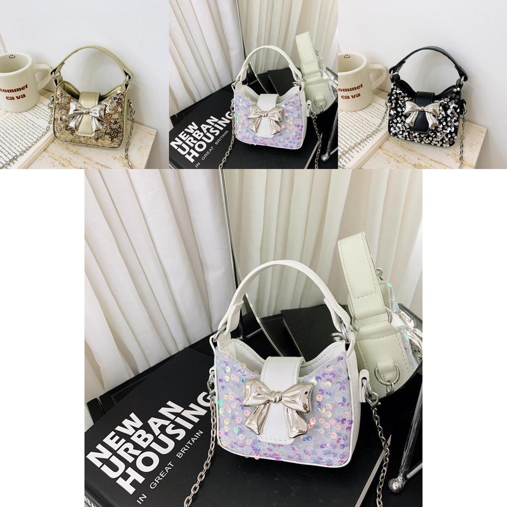 Kids Girl Butterfly Bow Sequin Mini Shoulder Bag With Breathable Pu Material For Daily Use