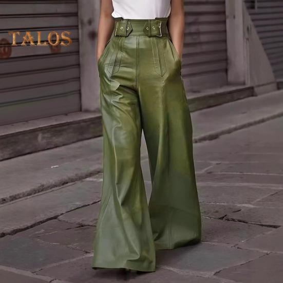 Women Flared Pants Slim High Waist Loose Pockets Faux Leather Elastic Waist Wide Leg Streetwear Solid Color Trousers for Work Leisure Daily Wear