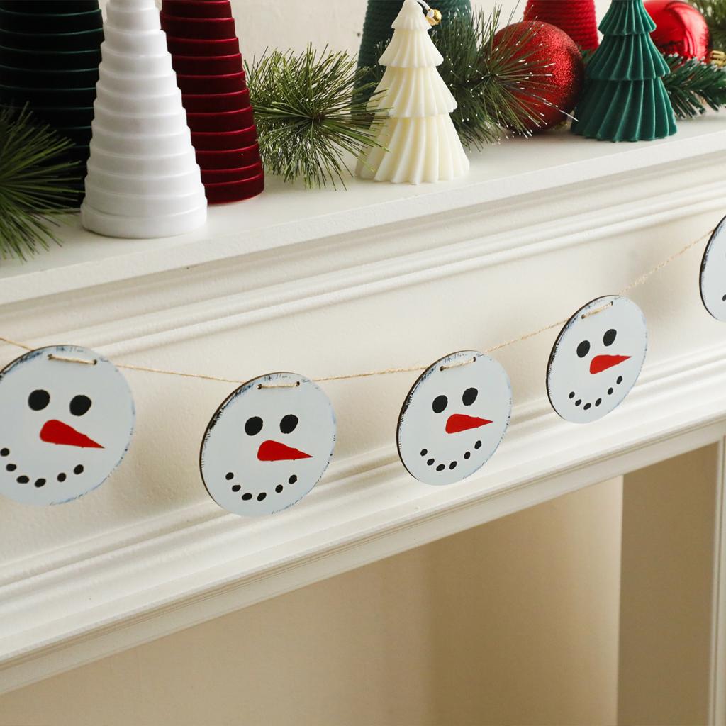 Christmas Snowman Garland Banner Wooden Round Snowman Face Hanging Decor Festive Bunting for Home Fireplace, Mantel & Xmas Party