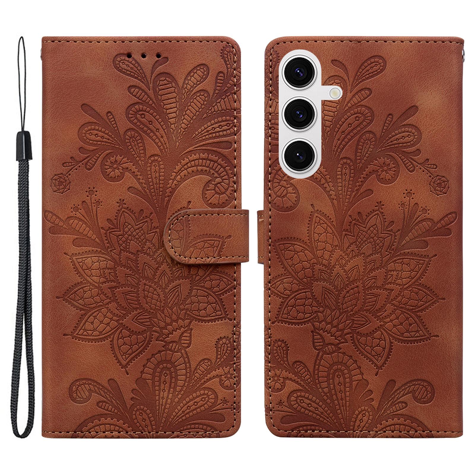

For Samsung Galaxy S25+/S24+ Case Imprinted Lace Flowers PU Leather Wallet Phone Cover Brown
