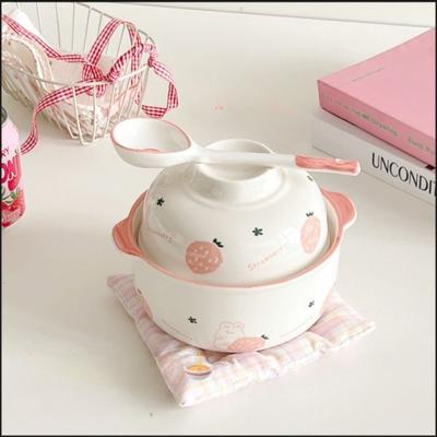 Krásná keramická mísa na instantní nudle s víkem Studentská ubytovna Anti-horká miska na polévku s dvojitým uchem Může být nádobím do mikrovlnné trouby