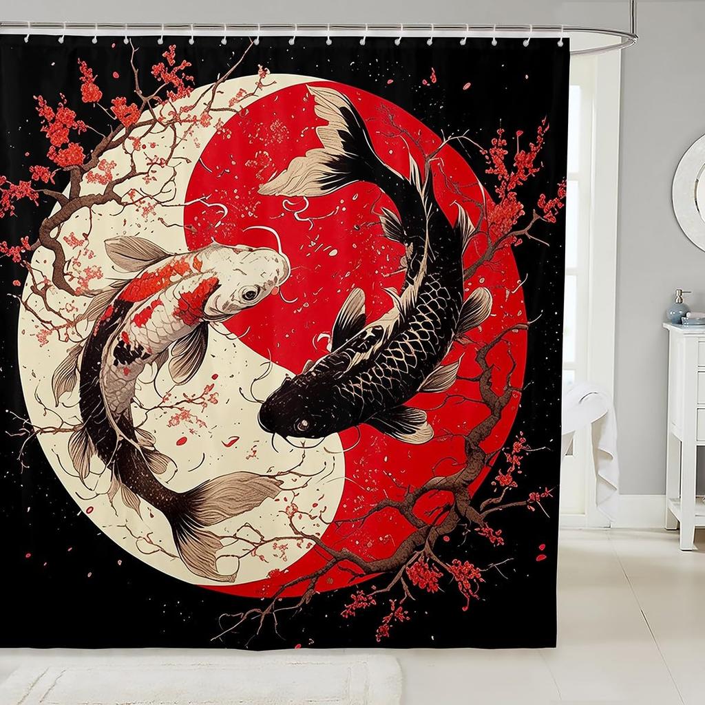 Sakura Tiger Shower Curtain Japanese Ukiyo Watercolor Red Sun Wild Animal Floral Kids Adult Bathroom Decor Hooks