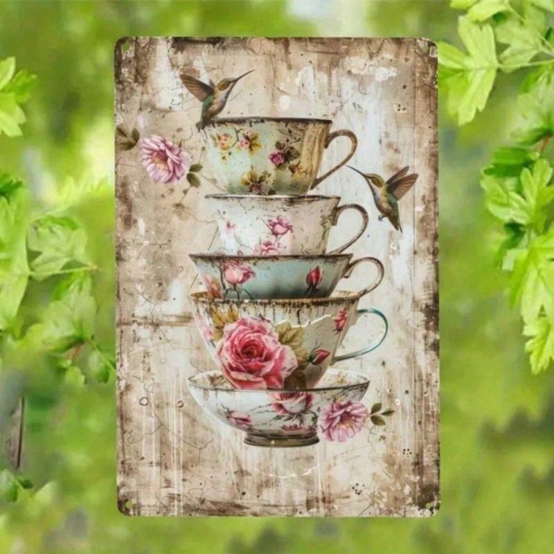 Tin Sign Wall Art, Vintage Bird Flower Cup, Retro Metal Poster for Living Room Gift