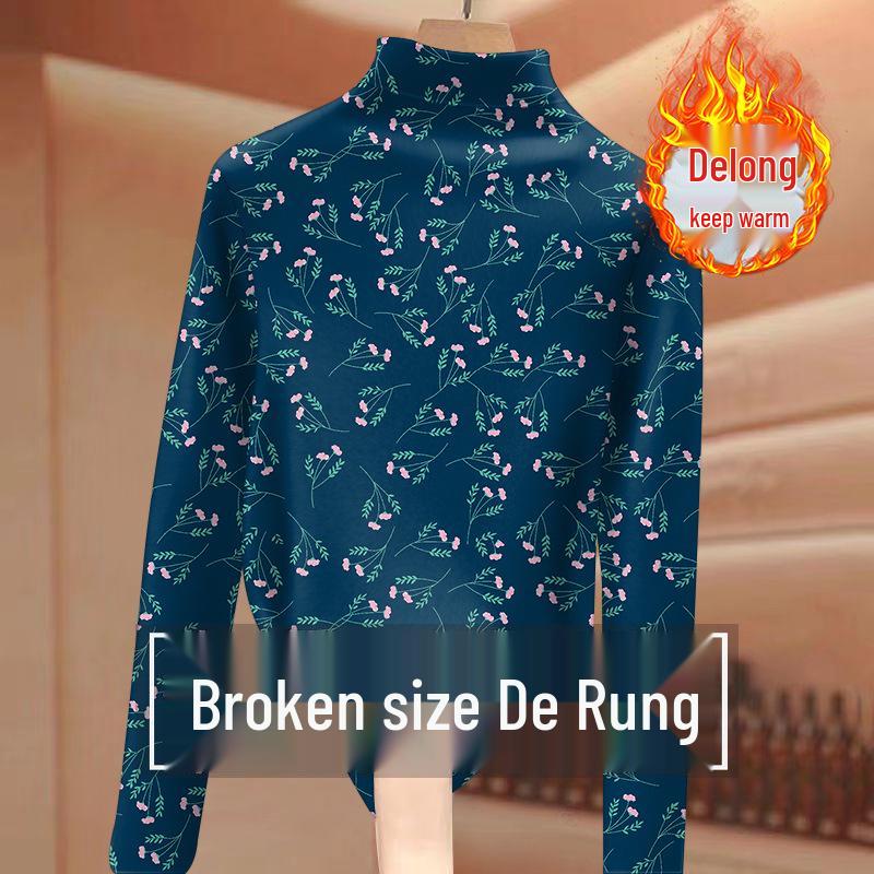 

Floral Print Thermal Ribbed Top for Women - Age-Reducing, Half-High Collar, Long Sleeve, Slimming 2XL (120-135 Jin)