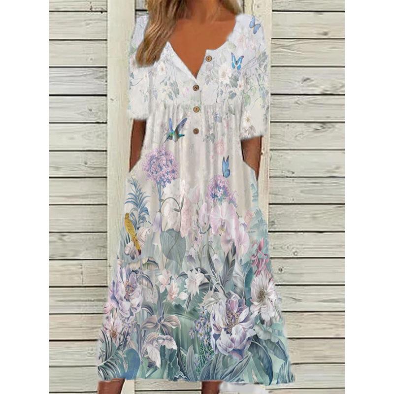 VEZFAA Abiti casual da donna, moda estate primavera, motivo floreale, stampa a maniche corte, scollo a V, vita centrale