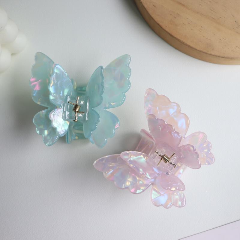 Portable Retro Double-layer Butterfly Hair Claw Colorful Acetate Crab Hair Clip for Women Travel Outdoor Emergency Use