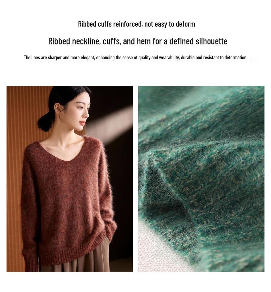 Women's Plus Size Pure Cashmere V-Neck Pullover: Loose Fit, Long Sleeve, Thick Winter Sweater