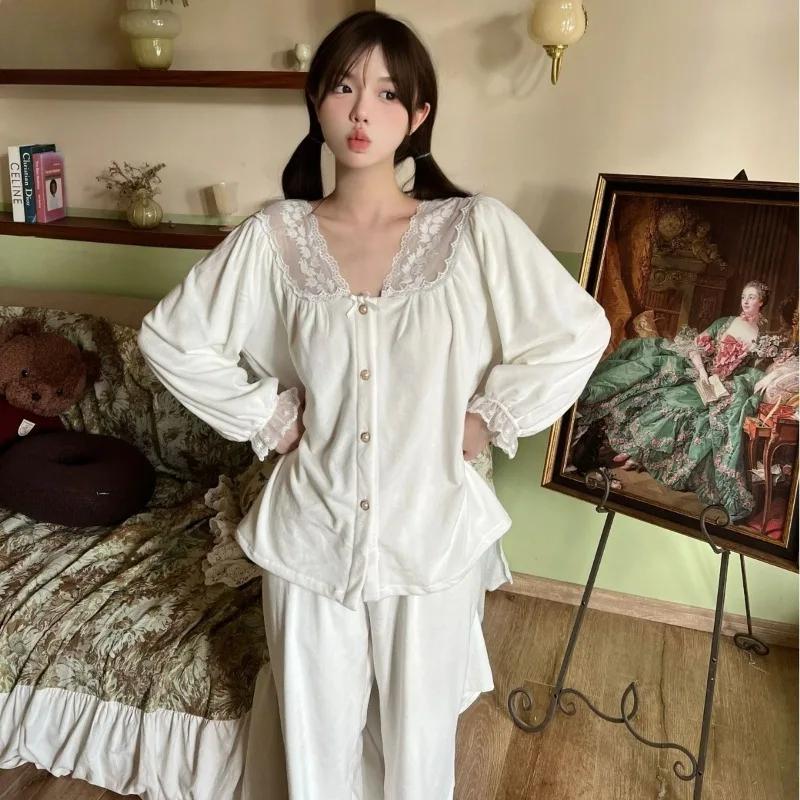 Pajamas Women's Winter Korean-style  Desire Girl's Lace Embroidered Fleece-lined Thickened Warm Cardigan Trousers Home Clothes