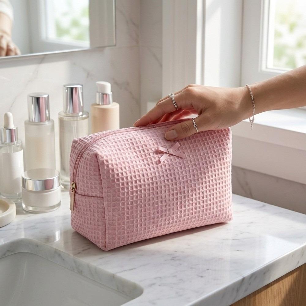 Borsa da Trucco a Maglia Waffle di Grande Capacità con Cerniera Organizer per Articoli da Toeletta Borsa Essenziale per Cosmetici Quotidiana