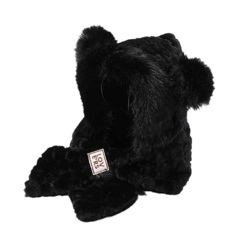 Orelhas de Urso Outono e Inverno Chapéu Lei Feng Feminino Chapéu de Pelúcia Cachecol Integrado Chapéu Pulôver Quente Conjunto Fofo Versátil de Duas Peças