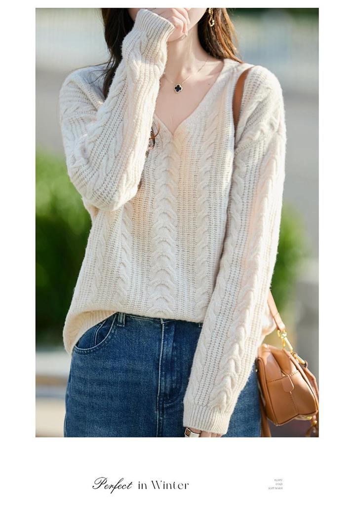 Women's Loose V-Neck Cable Knit Wool Sweater - 100% Pure Cozy Knitwear for Autumn/Winter