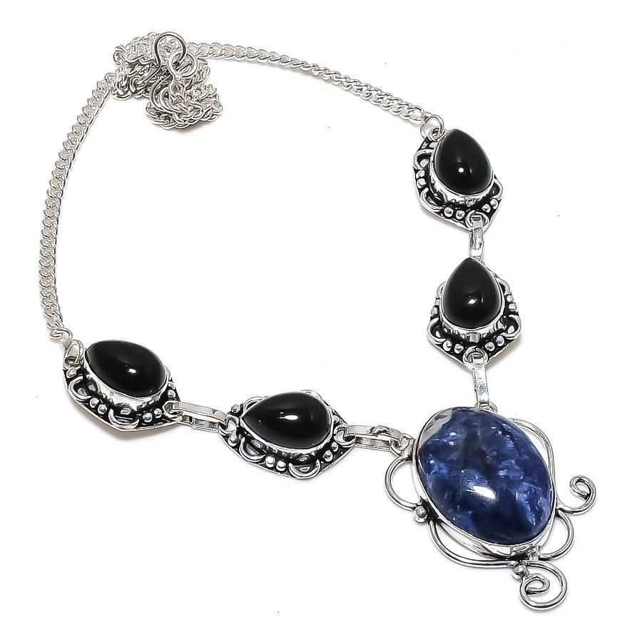 Natural Sodalite, Onyx Gemstone 925 Sterling Silver Jewelry Necklace 18" O2z40