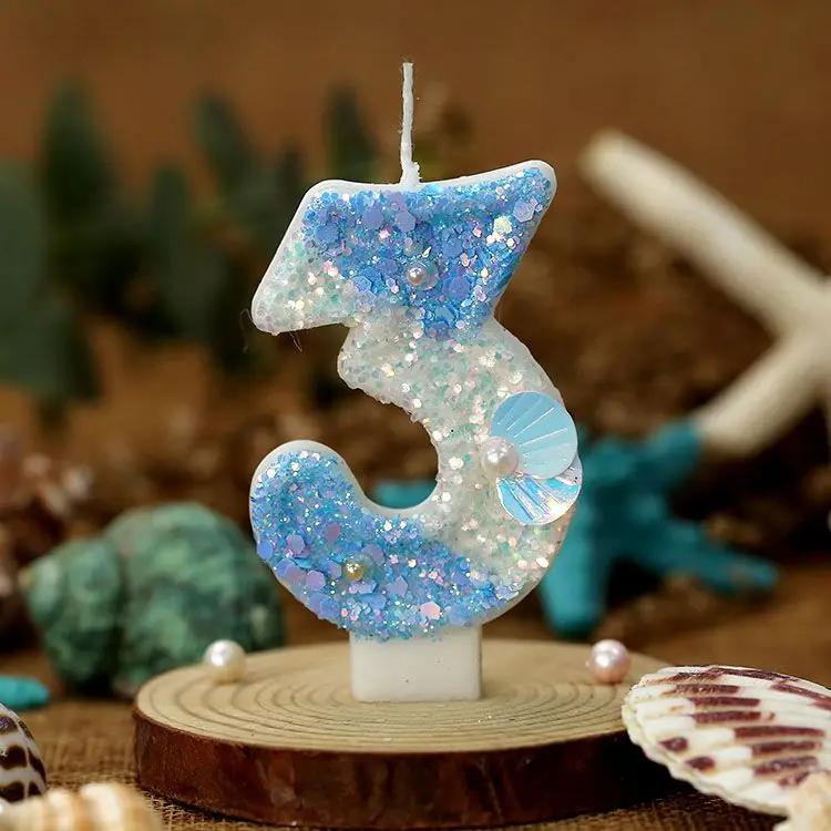 Gradual Change Blue Ocean Shell Digital Birthday Candle, Creative Birthday Party Cake Decorations, 520 Anniversary Candle
