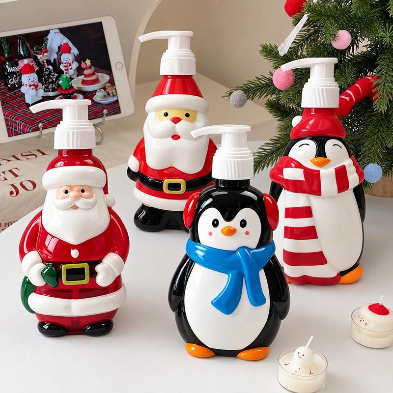 300ML Christmas Soap Dispenser Santa Snowman Penguin Pump Bottle Shampoo Lotion Refillable Container Bathroom Accessories