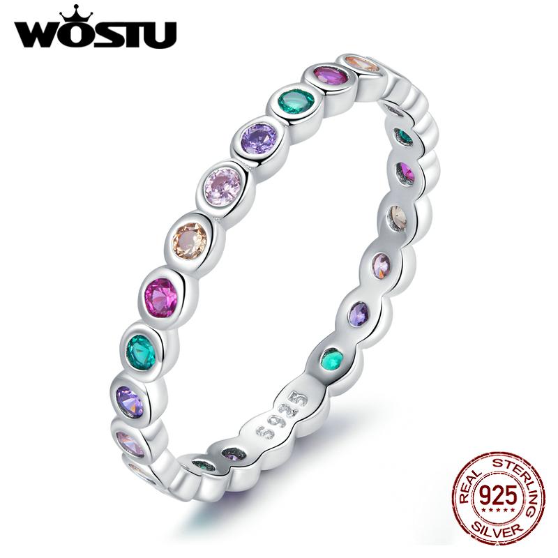 WOSTU Authentic 925 Silver Forever Clear CZ Circle Round Finger Rings Women Wedding Fine Jewelry Gift