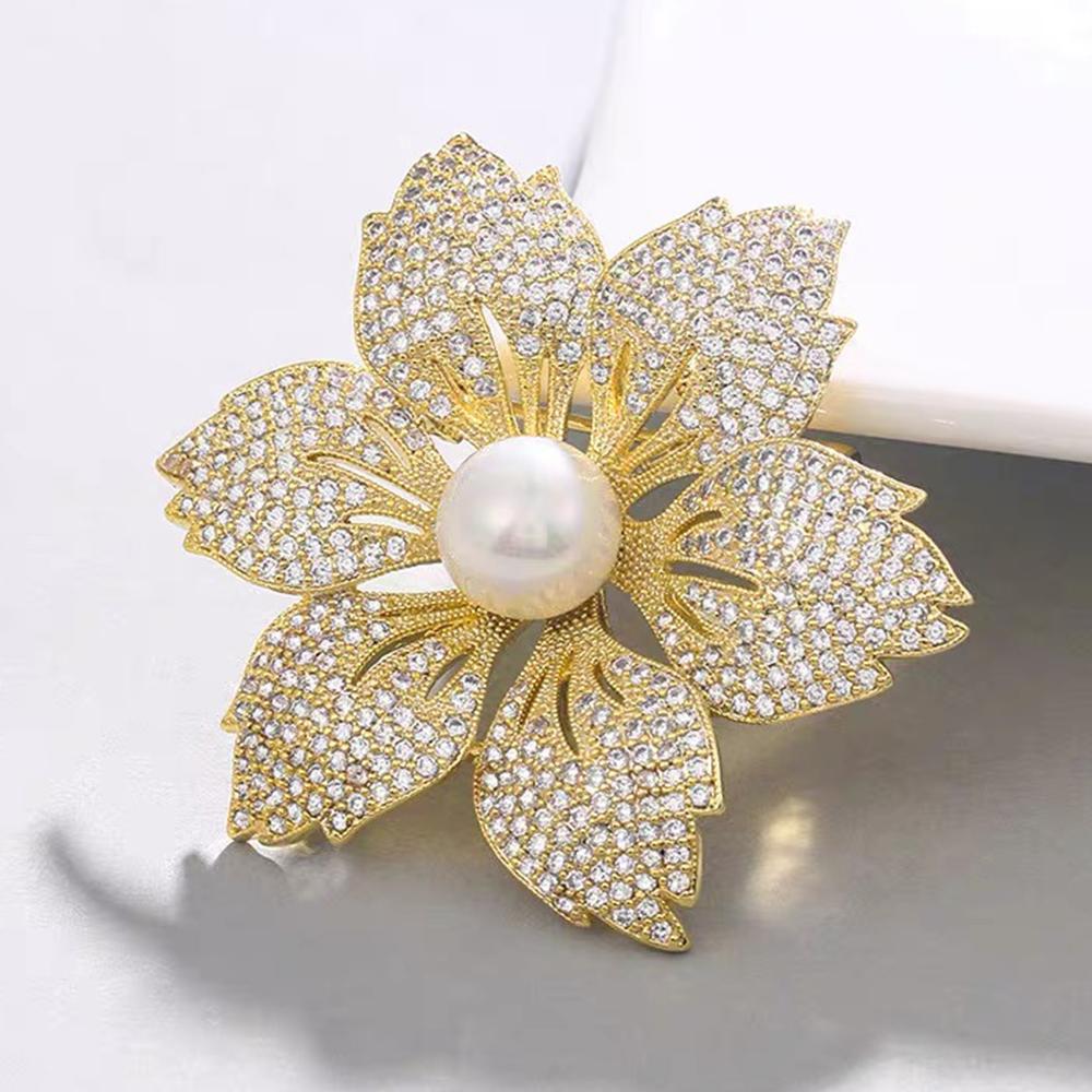 Gold Color Bauhinia Brooches Pearl Women's Corsage Flower Suit Wedding Party Elegant Lady Accessories Pin