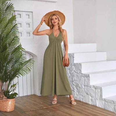 Women's Spring and Summer V-neck Halter Neck Backless Pleated Sleeveless Dress for Women