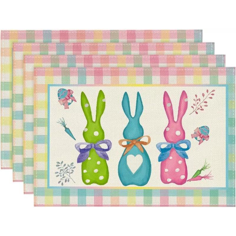 Buffalo Check Rabbit Carrots Easter Set of 1/4 Place Mats, 30 X 45 Cm, Spring Banquet Placemats, Washable Place Mats, Kitchen Party Decoration