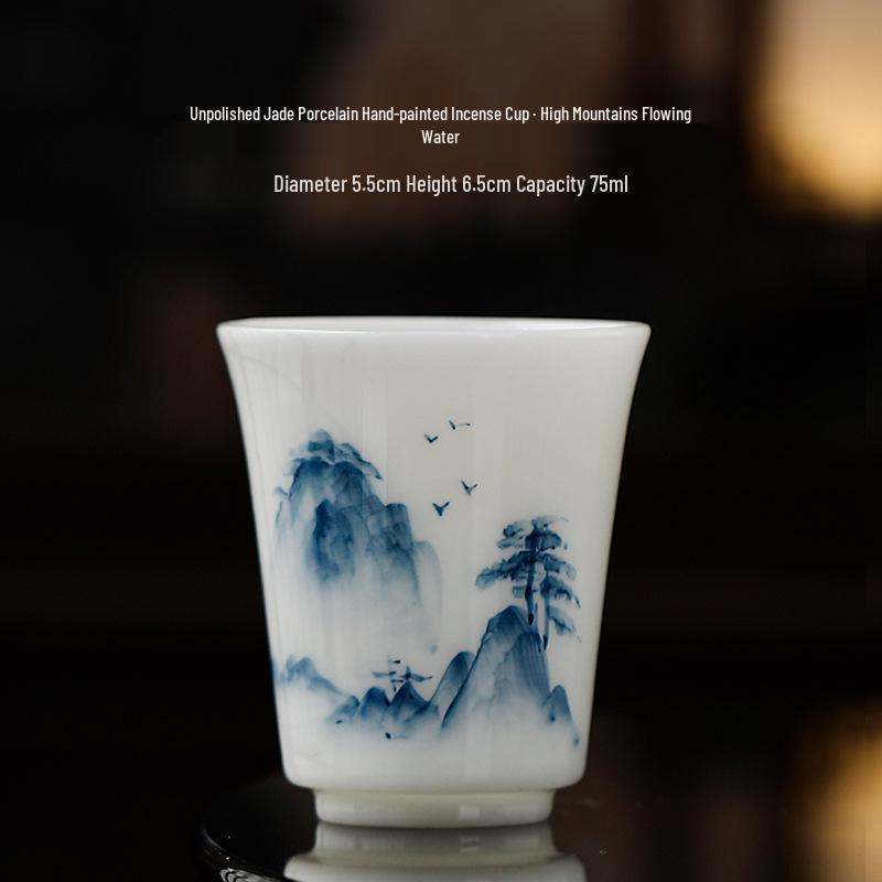 Hand-Painted Raw Jade Porcelain Tea Cup - Underglaze Blue and White Kung Fu Single Cup