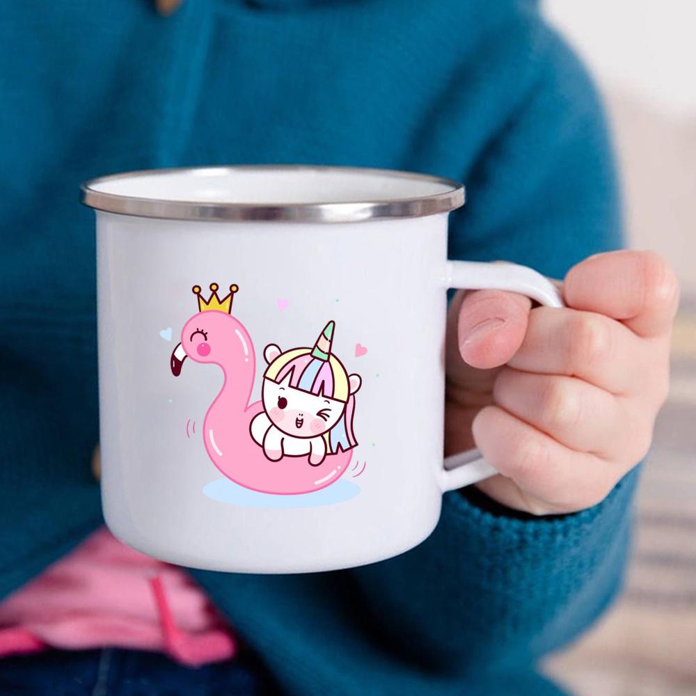 Cartoon Unicorn Printed Creative Mug Water Juice Drinks Milk Cup Enamel Mugs Handle Drinkware Kids Birthday Children's Day Gift