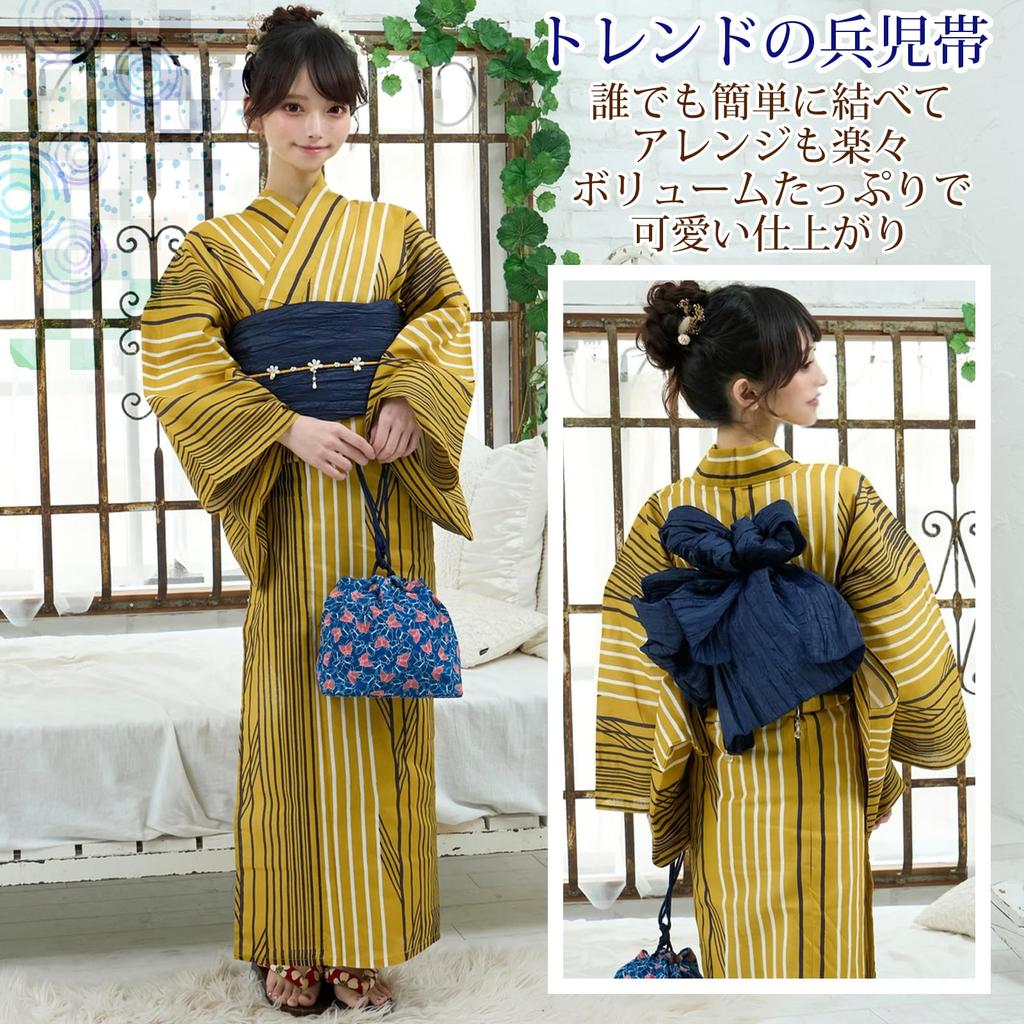 RAVIR Yukata Gold and Black with Arrow Fluffy Obi and Geta One Size Fits All Women's 3-Piece Set, Pattern, Belt, Sandals, Yellow,