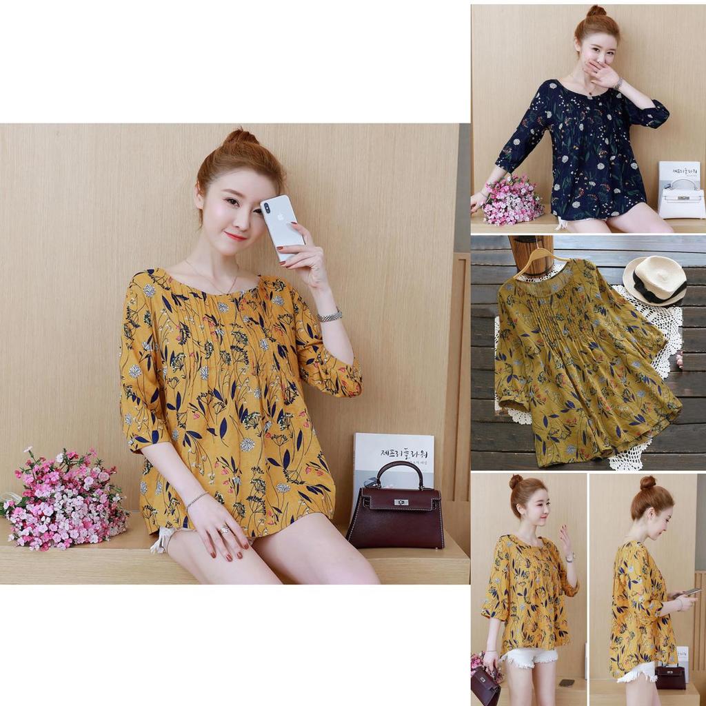 Elegant Womens Floral Print Casual Long Tops Shirt With Loose Vintage Ethnic Design And Crew Neck