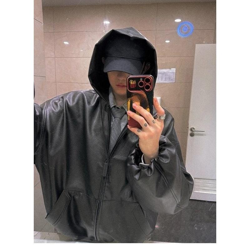Mauroicardi Spring Autumn Short Oversized Black Soft Pu Leather Jacket Men with Hood Zipper Loose Casual Korean Fashion Clothes